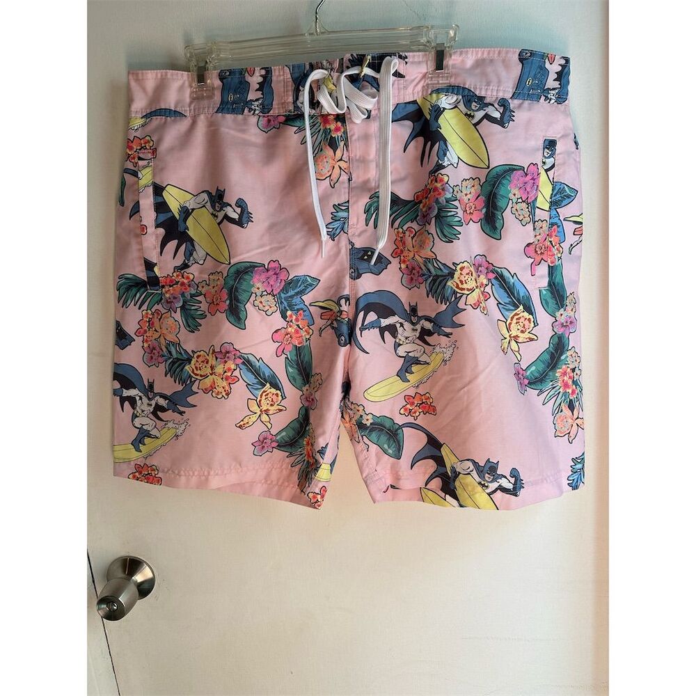 Batman Men's XL Floral Hawaiian Swim Trunks Board Shorts Pink